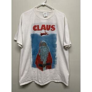 Santa CLAUS Christmas JAWS Movie Poster Funny Adult XL White T-shirt Xmas Humor